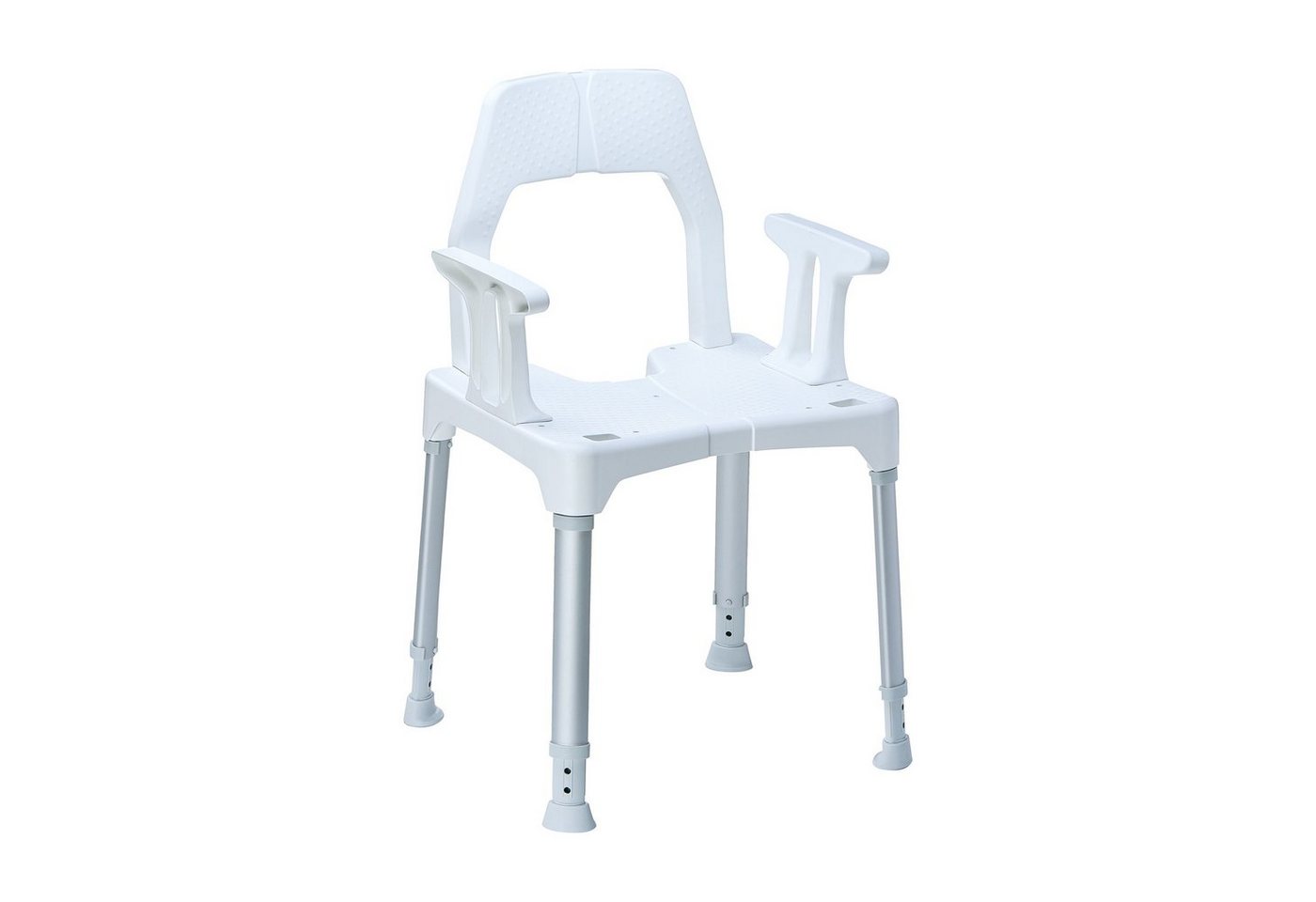DIETZ® REHA-PRODUKTE Dusch- und Badhocker Duschstuhl TAYO mit Rückenlehne, Armlehnen+Hygieneausschnitt höhenv., Belastbar bis 130 kg, Duschsitz, Duschstuhl, Rutschfester Stand