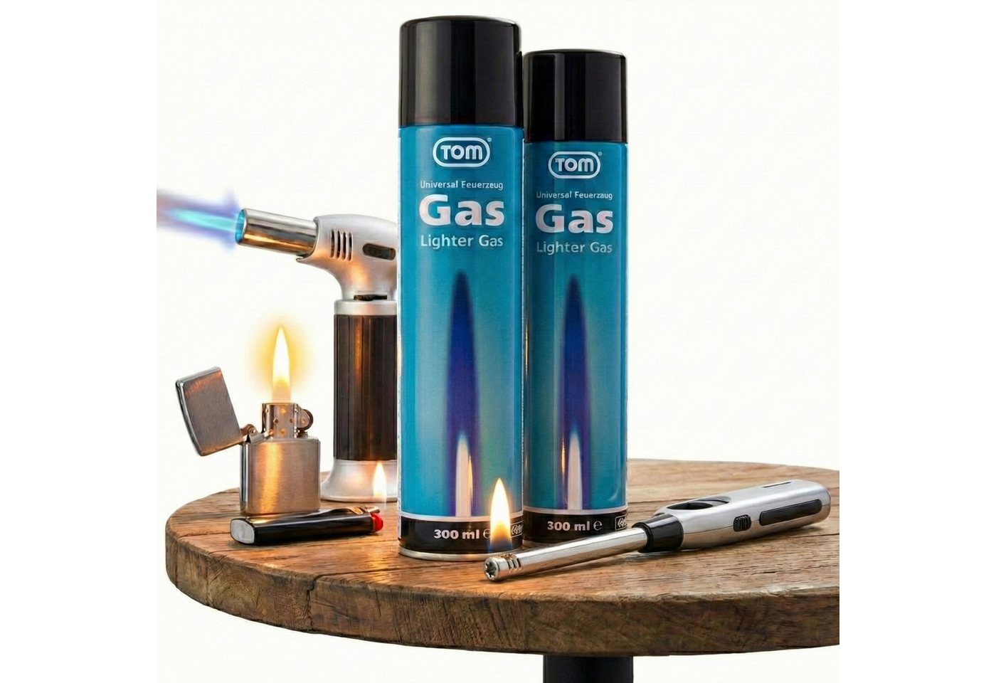 TOM Gas 300ml Feuerzeuggas inklusive Adapter, Reines Butangas, 2er Set