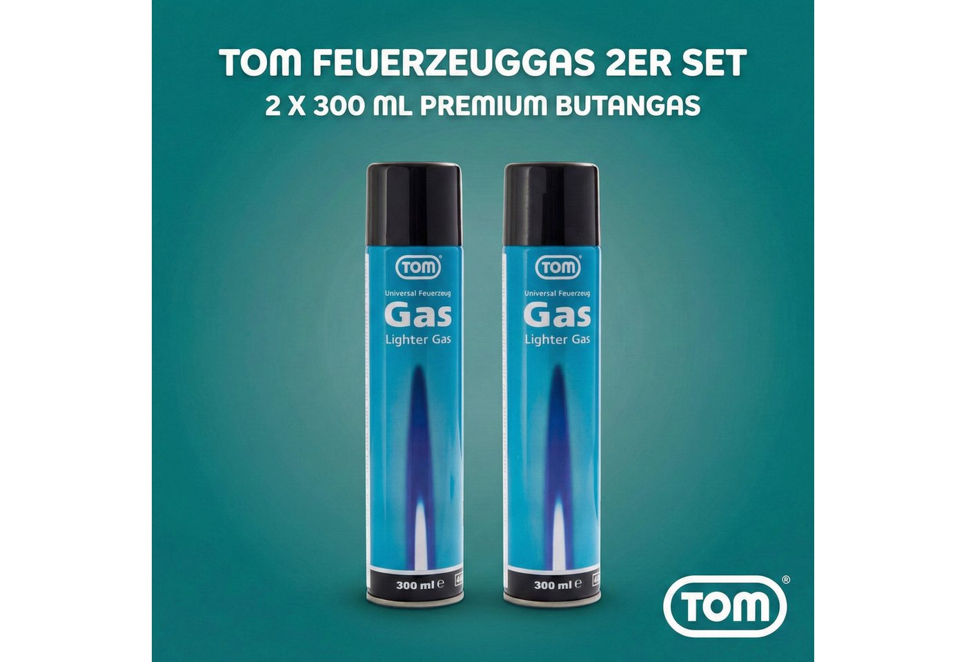 TOM Gas 300ml Feuerzeuggas inklusive Adapter, Reines Butangas, 2er Set Bild 2