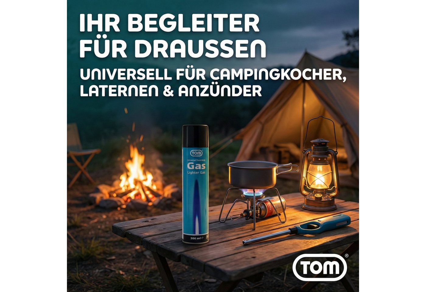 TOM Gas 300ml Feuerzeuggas inklusive Adapter, Reines Butangas, 2er Set Bild 3