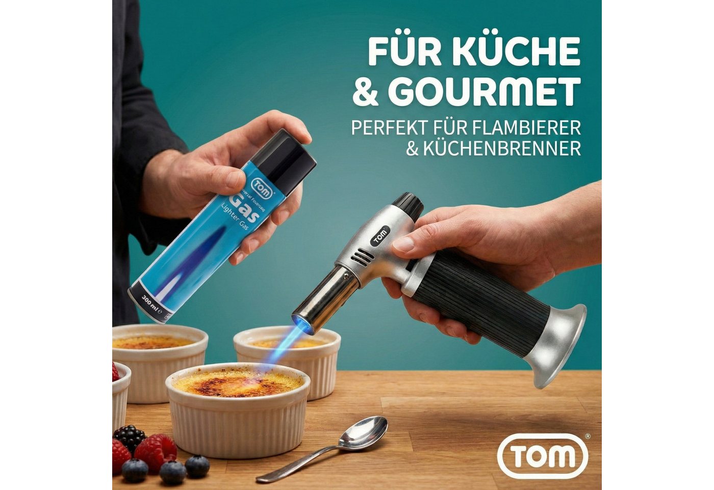 TOM Gas 300ml Feuerzeuggas inklusive Adapter, Reines Butangas, 2er Set Bild 5