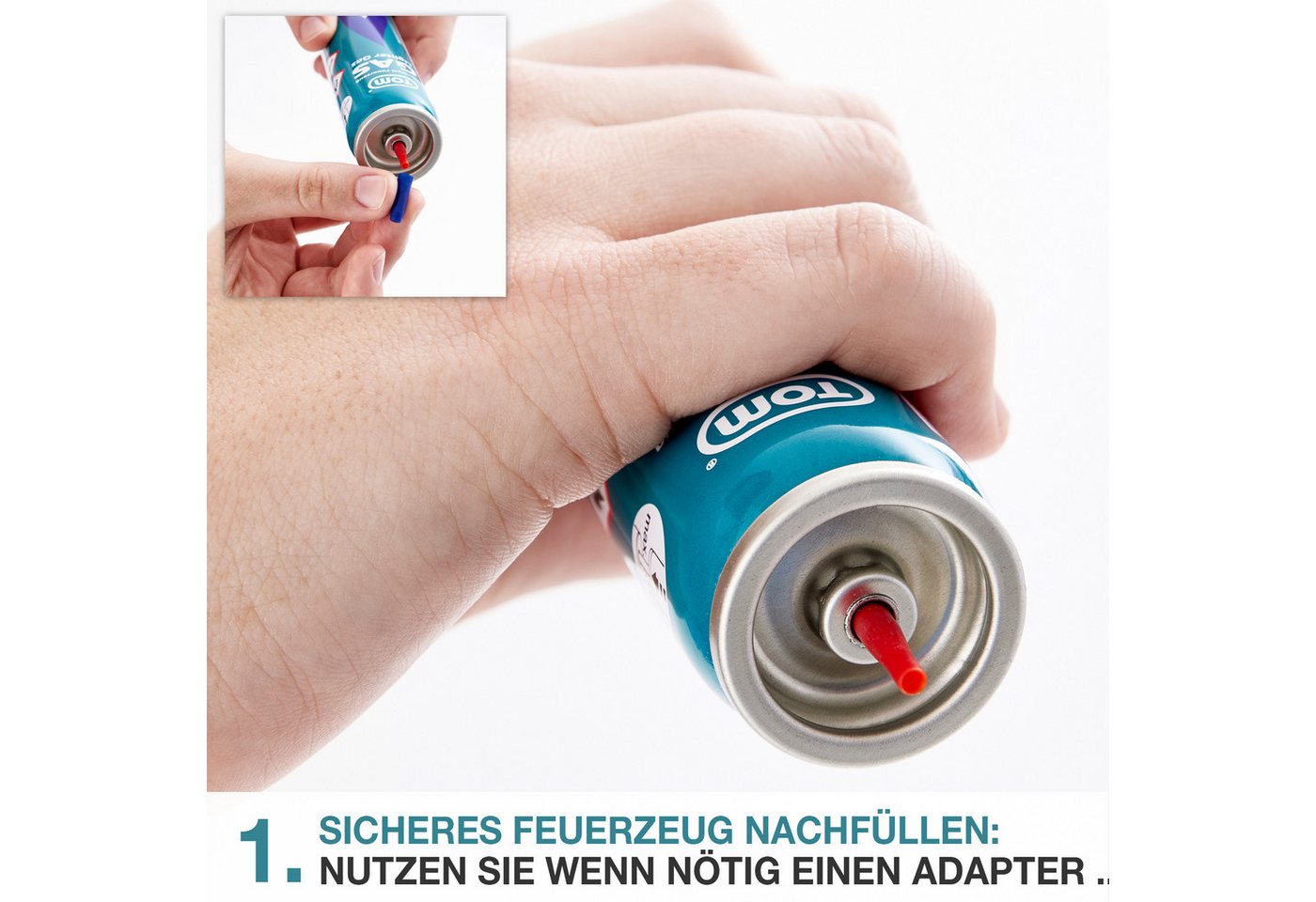 TOM Gas 100ml Feuerzeuggas 5er Set inklusive Adapter, Butangas, Nachfüllgas Bild 5