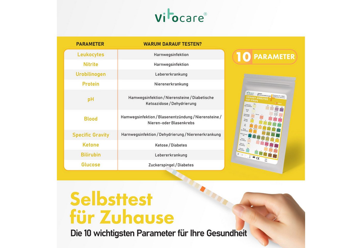Vitocare Harnsäure-Messgerät Vitocare Urinteststreifen 10in1, Urintest f. Zuhause, 25/125 Stk. Bild 4