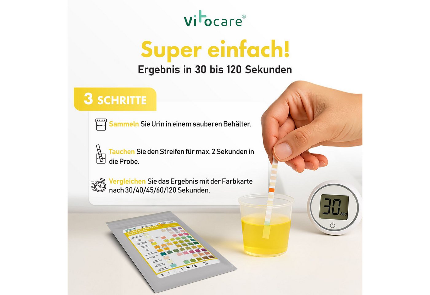 Vitocare Harnsäure-Messgerät Vitocare Urinteststreifen 10in1, Urintest f. Zuhause, 25/125 Stk. Bild 5