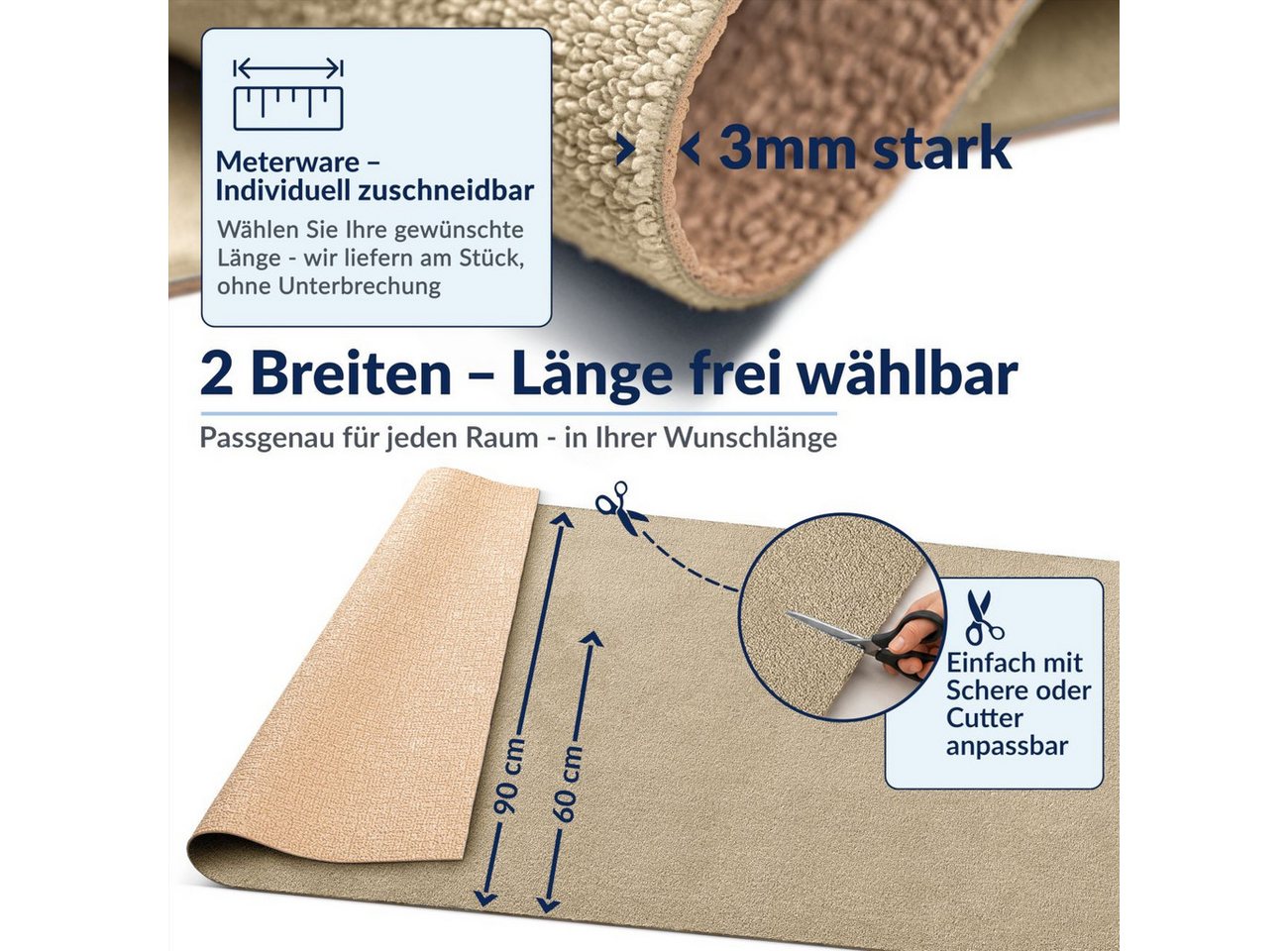 ANRO Küchenläufer HomeLoop Meterware Mikrofaser Küchenmatte rutschhemmender Rücken, Rechteckig, Höhe: 3 mm, saugstark zuschneidbar Größe: 100x60cm Einfarbig Beige
