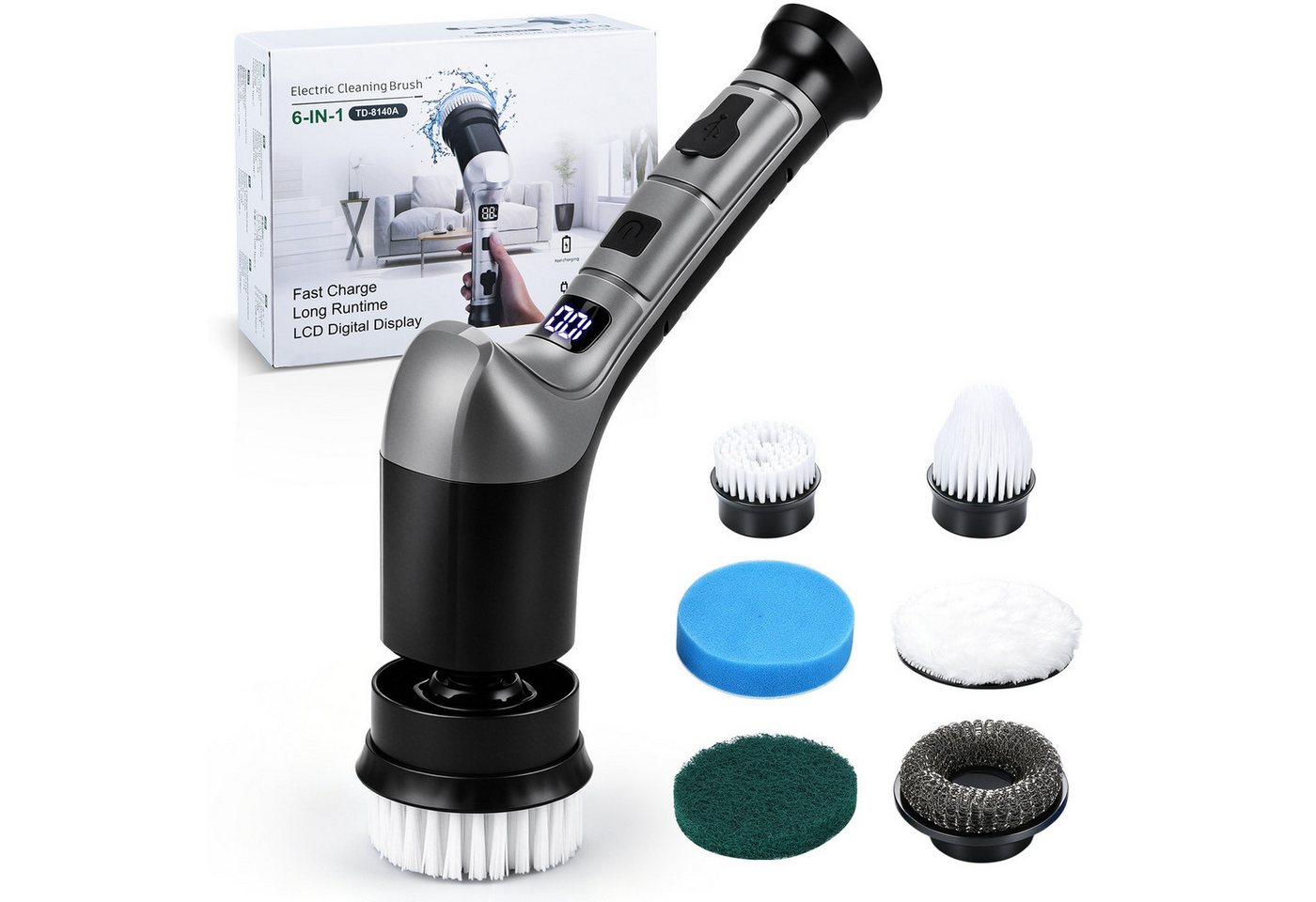 CkeyiN Akku-Oberflächenbürste Elektrische Reinigungsbürste mit 3 Geschwindigkeiten 6 Aufsätzen, 6 cm Bürstendurchmesser, max. 380 U/min, für Fliesen, Boden, Glas, Auto, mit LED-Anzeige, IPX6 Bild 2
