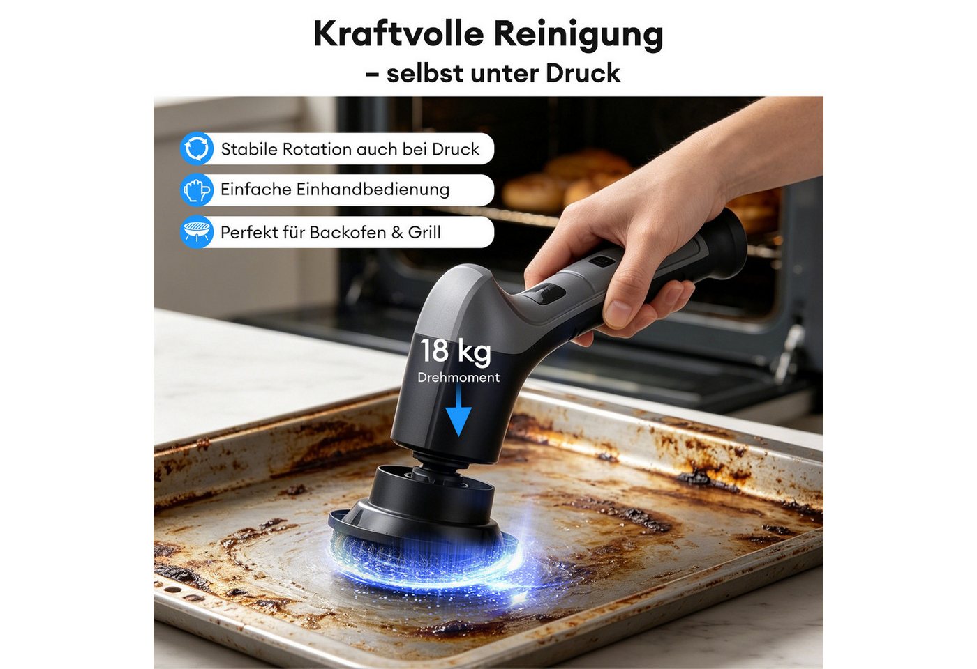 CkeyiN Akku-Oberflächenbürste Elektrische Reinigungsbürste mit 3 Geschwindigkeiten 6 Aufsätzen, 6 cm Bürstendurchmesser, max. 380 U/min, für Fliesen, Boden, Glas, Auto, mit LED-Anzeige, IPX6 Bild 5