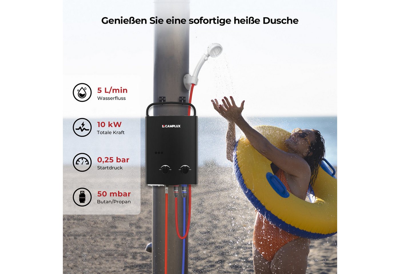 CAMPLUX Durchlauferhitzer AY132B-DE Campingdusche, min. 10 °C, max. 65 °C, LPG Durchlauferhitzer 5L 10 kW Warmwasserbereiter 50 mbar Bild 2