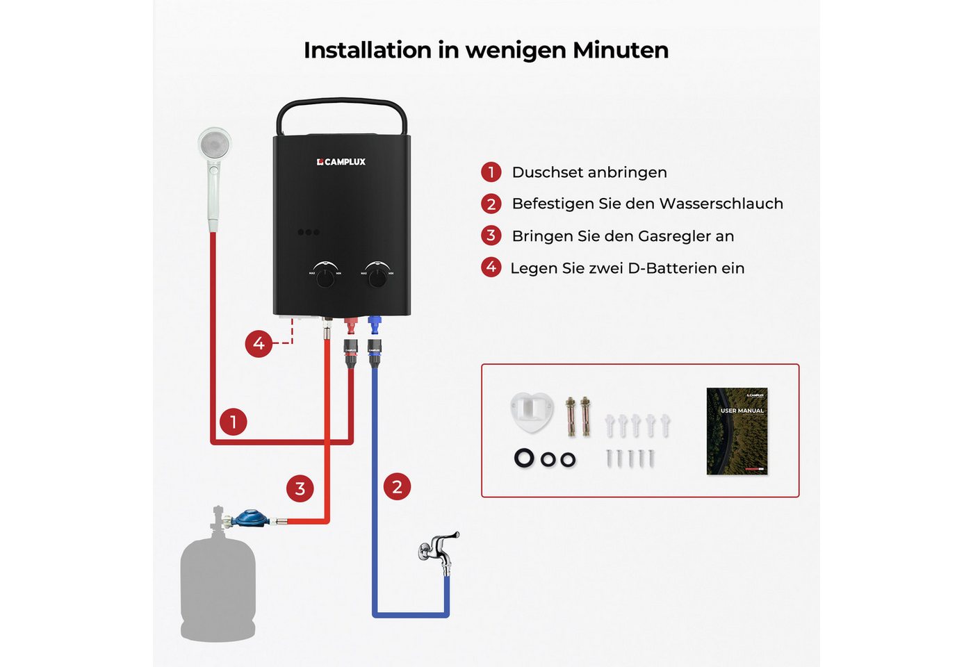 CAMPLUX Durchlauferhitzer AY132B-DE Campingdusche, min. 10 °C, max. 65 °C, LPG Durchlauferhitzer 5L 10 kW Warmwasserbereiter 50 mbar Bild 3