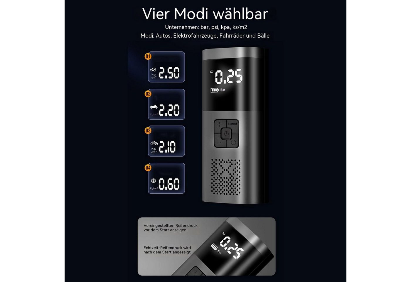 TWUFY Akku-Handkompressor Elektrische Luftpumpe 150 PSI Digital 2000mAh mit LED-Licht, für Auto, Fahrrad und mehr, 1-tlg., Tragbare Luftpumpe mit Zubehör und LED-Licht, vielseitig einsetzbar, Automatische Abschaltung bei voreingestelltem Druckwert