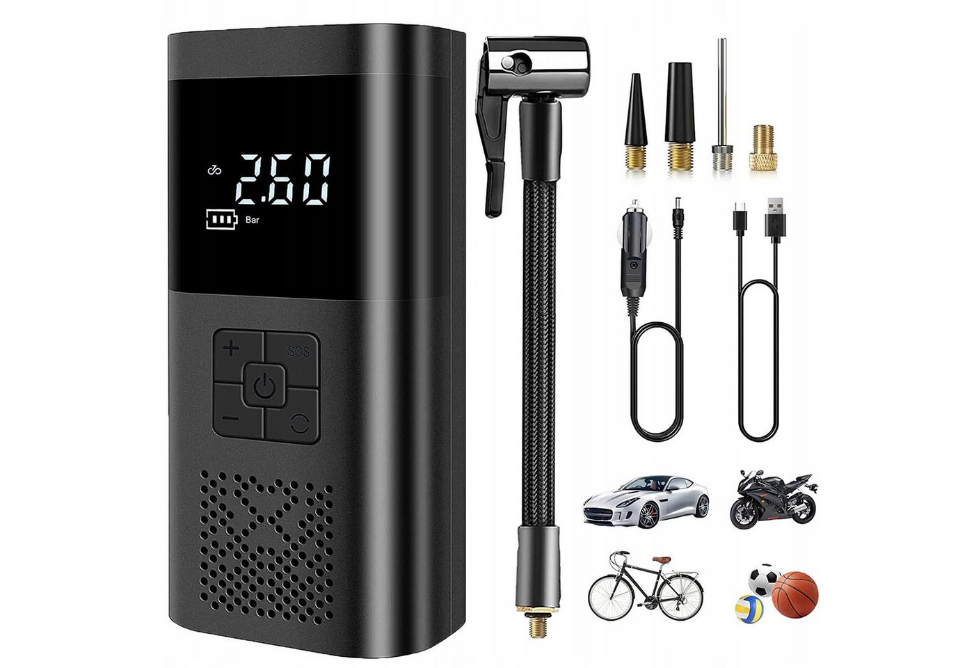 TWUFY Akku-Handkompressor Elektrische Luftpumpe 150 PSI Digital 2000mAh mit LED-Licht, für Auto, Fahrrad und mehr, 1-tlg., Tragbare Luftpumpe mit Zubehör und LED-Licht, vielseitig einsetzbar, Automatische Abschaltung bei voreingestelltem Druckwert Bild 2