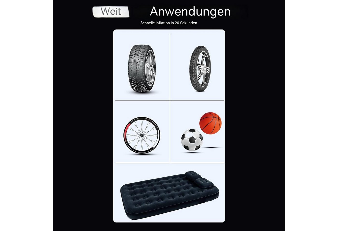 TWUFY Akku-Handkompressor Elektrische Luftpumpe 150 PSI Digital 2000mAh mit LED-Licht, für Auto, Fahrrad und mehr, 1-tlg., Tragbare Luftpumpe mit Zubehör und LED-Licht, vielseitig einsetzbar, Automatische Abschaltung bei voreingestelltem Druckwert Bild 5