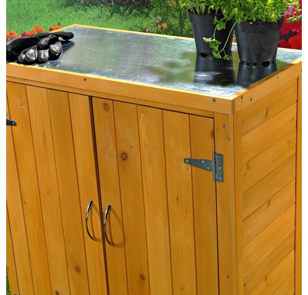Melko Garten-Geräteschrank Gartenschrank kompakt aus Holz 75x40 cm für geschützte Außenbereiche, BxT: 75x40 cm, (Einzelartikel), Kompakte Bauweise mit mehreren Ablagefächern