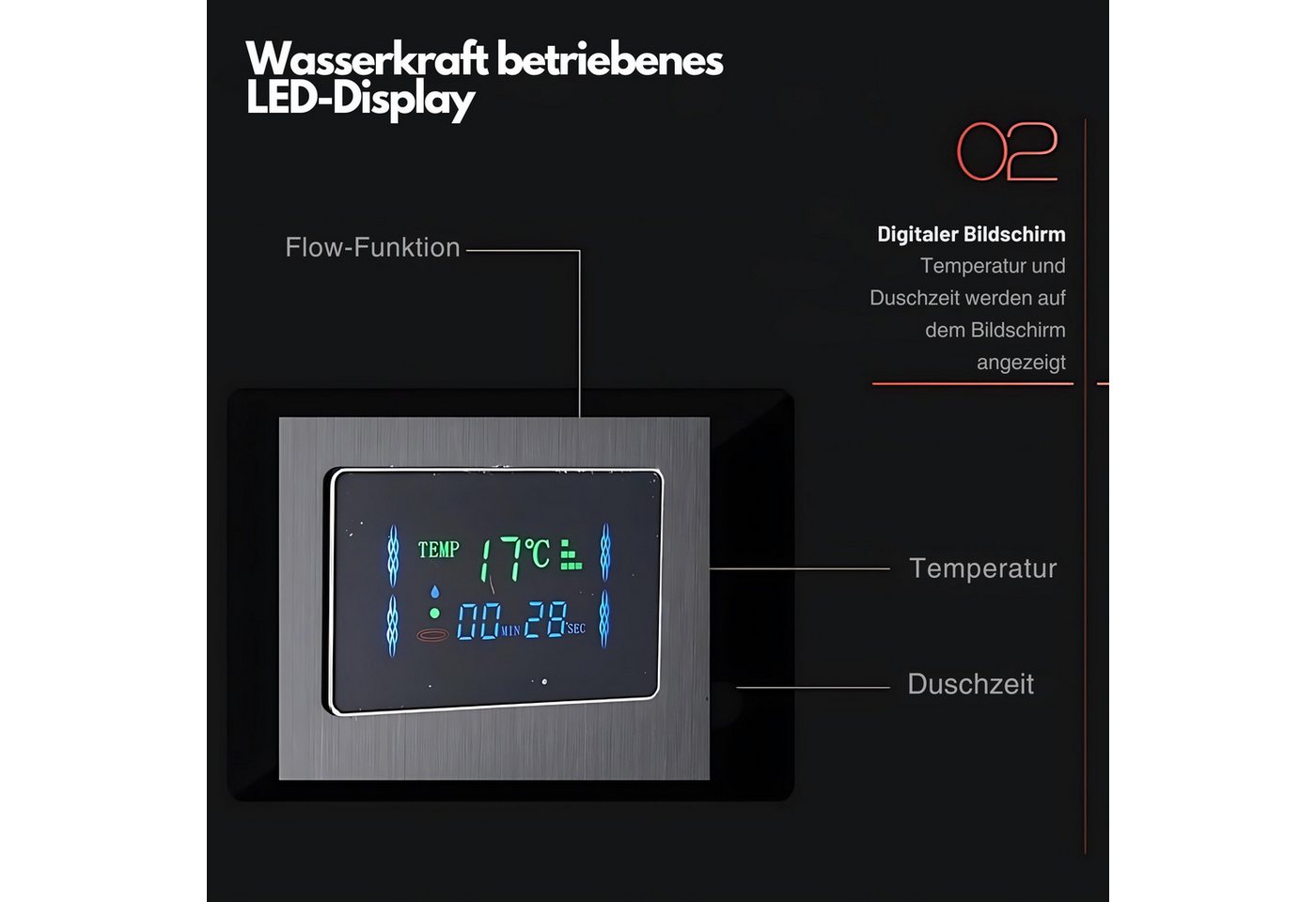 LuxaSteel Duscharmatur Regendusche, Duscharmatur Regendusche, Massage Regendusche, Spa Dusche (Komplettset, Komplettset) Massage Regendusche mit Wasserfallfunktion & Temperaturanzeige