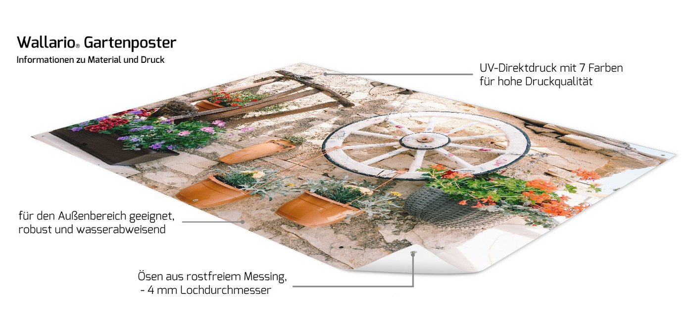 Wallario Sichtschutzzaunmatten Wagenrad an Natursteinwand