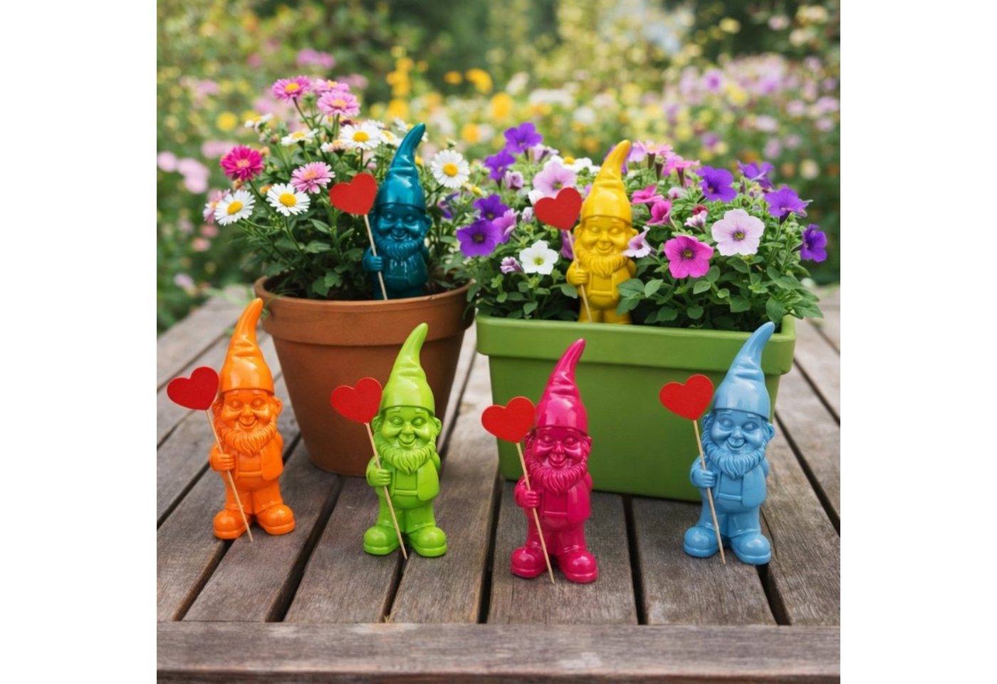 Online-Fuchs Gartenfigur für draußen - 6 lustig bunte Gartenzwerge, Wichtel - 17,5 cm groß, (inklusive Holzstecker mit Herz, 6 knallige Farben), Deko Figuren für Frühling, Sommer und Herbst - 6er Set!!!! Bild 2