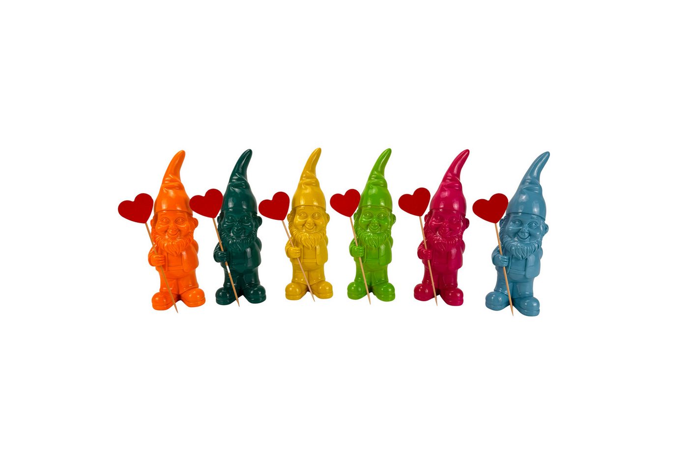 Online-Fuchs Gartenfigur für draußen - 6 lustig bunte Gartenzwerge, Wichtel - 17,5 cm groß, (inklusive Holzstecker mit Herz, 6 knallige Farben), Deko Figuren für Frühling, Sommer und Herbst - 6er Set!!!! Bild 4