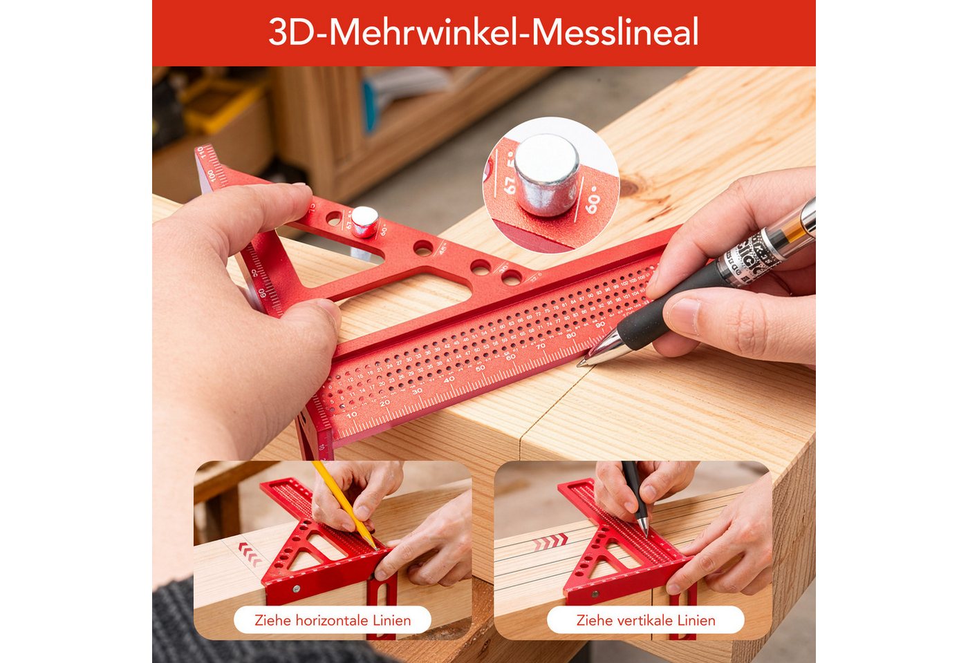 Youyijia Winkelmesser 3D Gehrungswinkel Aluminium, Multifunktionaler Winkelmesser 22.5°–90° Bild 3