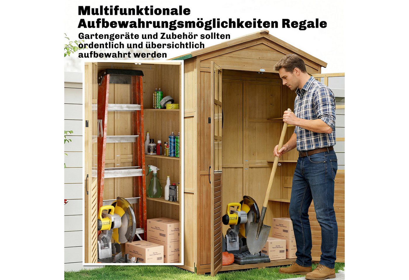 Outsunny Gerätehaus mit Ablage, Acrylfenstern, abschließbar Tür, Bodenplatte, Asphalt-Dach, BxT: 128x57.5 cm, (Gartenschrank, 1 St., Geräteschuppen), für Garten Terrasse Hellbraun Bild 3