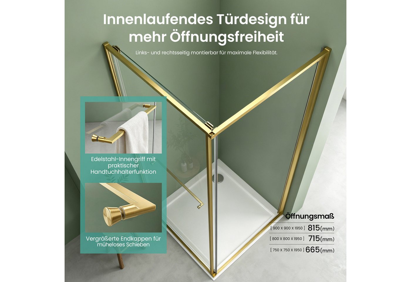 Mai & Mai Eckdusche Duschkabine Eckeinstieg mit Schiebetür nach innen 6 mm ESG Glas Rav69K, BxT: 75x75 cm, ESG-Sicherheitsglas, zuverlässige Rundum-Abdichtung,optional mit Duschtasse erhältlich Bild 5