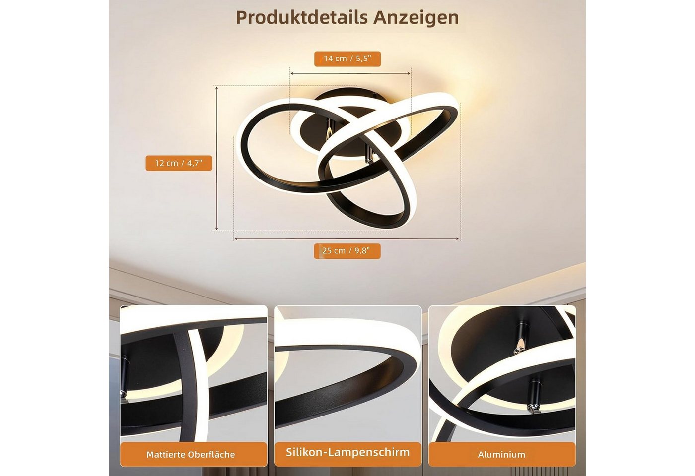 BlingBin Deckenleuchte 25CM Schwarz Dimmbar LED Deckenlampe 3 Blatten verflochten Modern, LED fest integriert, Modern Deckenlampe 3000-6500K für Wohnzimmer Küche Flur