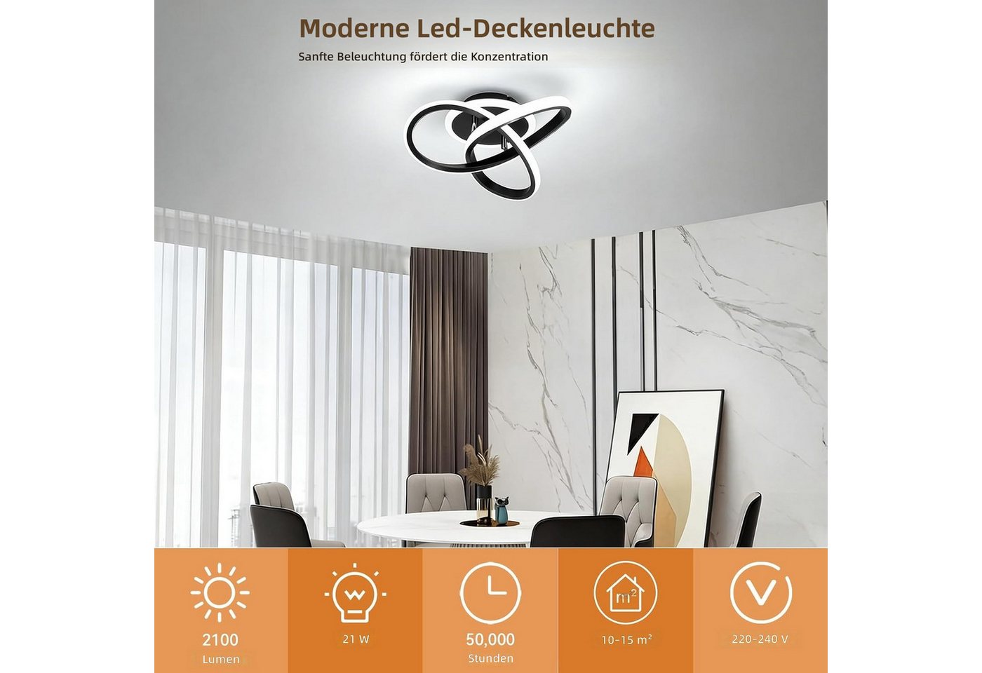 BlingBin Deckenleuchte 25CM Schwarz Dimmbar LED Deckenlampe 3 Blatten verflochten Modern, LED fest integriert, Modern Deckenlampe 3000-6500K für Wohnzimmer Küche Flur Bild 4