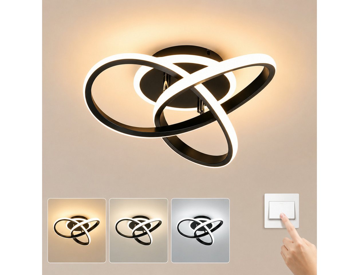 BlingBin Deckenleuchte 25CM Schwarz Dimmbar LED Deckenlampe 3 Blatten verflochten Modern, LED fest integriert, Modern Deckenlampe 3000-6500K für Wohnzimmer Küche Flur Bild 5