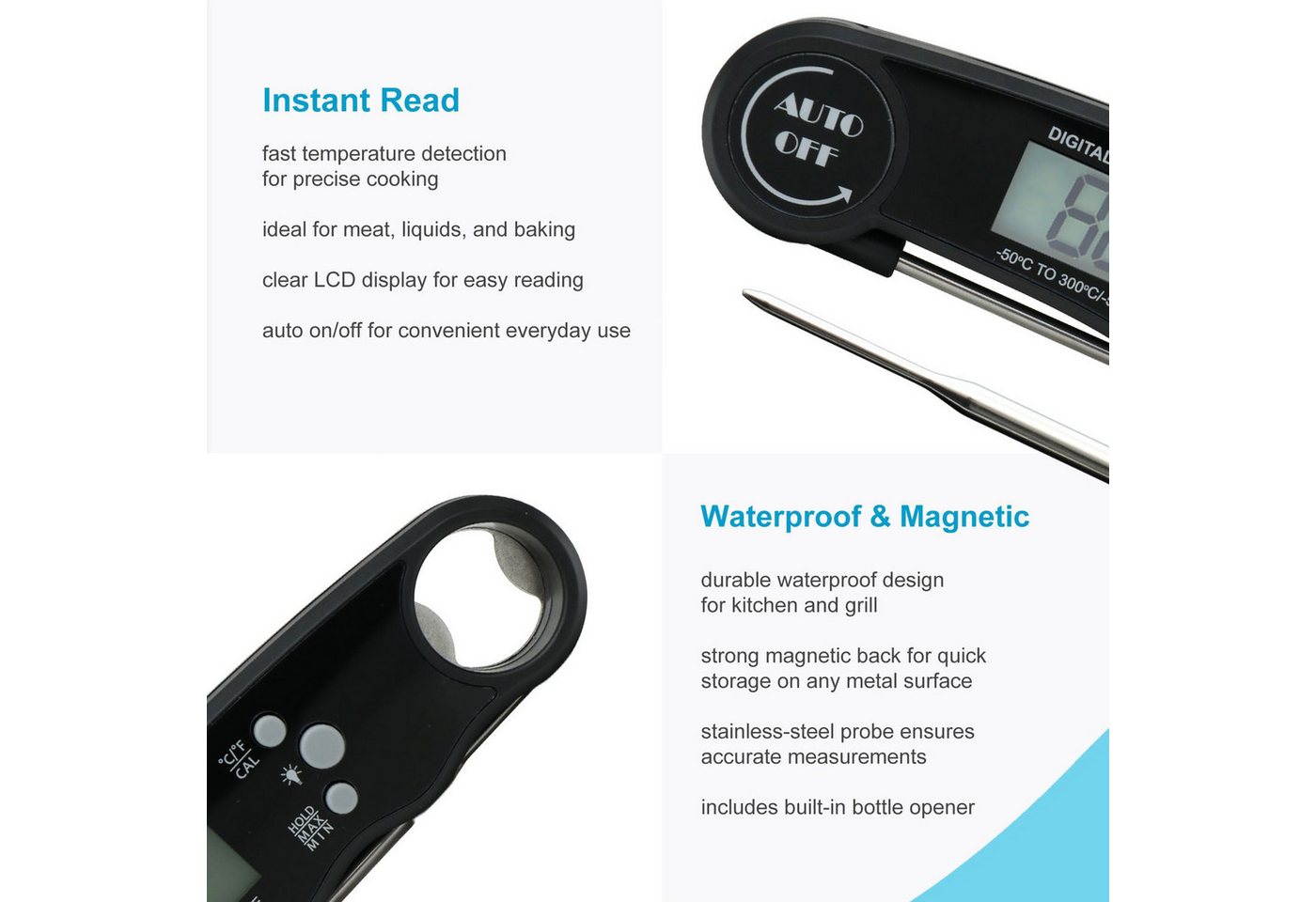 Intirilife Grillthermometer, 1-tlg., Faltbares Küchenthermometer wasserdicht magnetisch mit LCD-Display Bild 2
