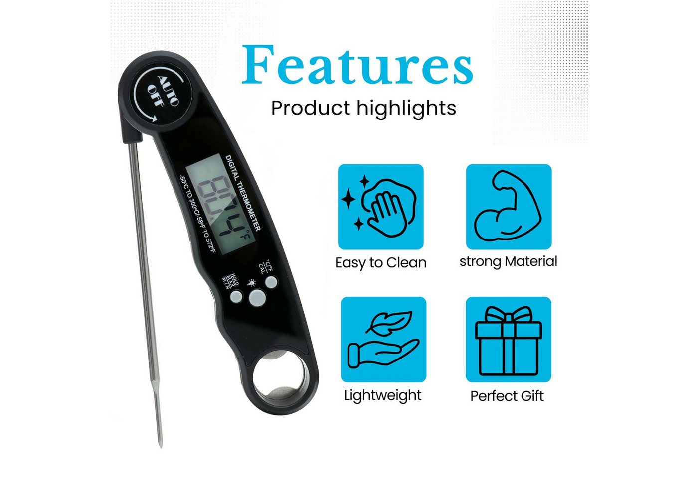 Intirilife Grillthermometer, 1-tlg., Faltbares Küchenthermometer wasserdicht magnetisch mit LCD-Display Bild 3