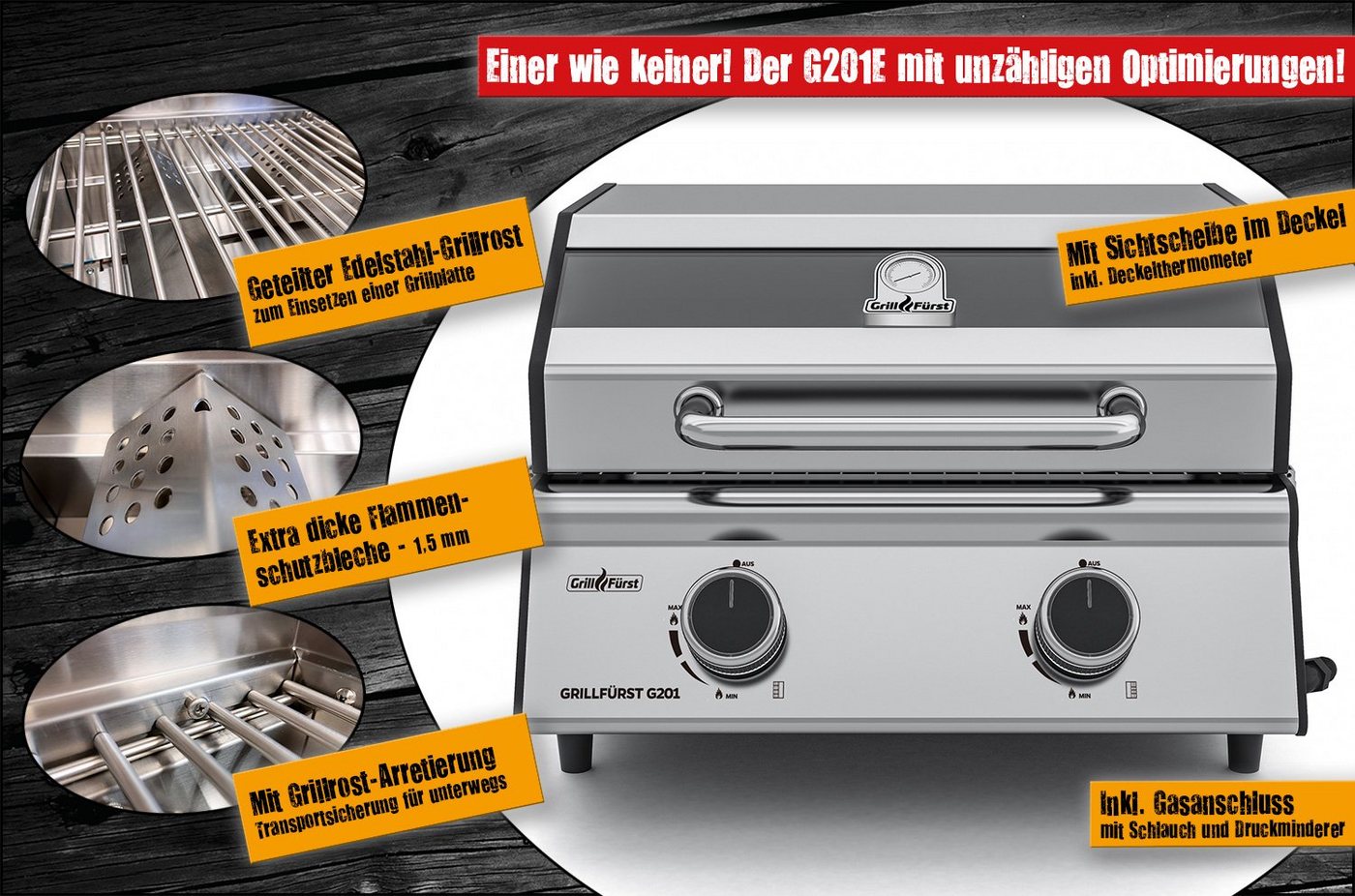 Grillfürst Camping-Gasgrill Grillfürst G201E 2-Brenner Gasgrill portabel v2 - Campinggrill / Balkongrill 50mbar - inkl. Abdeckhaube Bild 2
