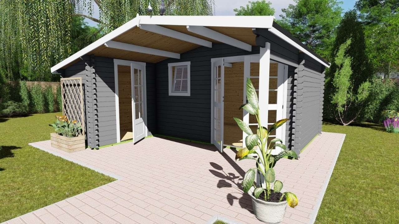 Finn Art Blockhaus Gartenhaus 5x5m Holz Norwegen 5 in 40mm Wandstärke, BxT: 510x480 cm, mit 28 mm Fußboden, mit Schindeln schwarz