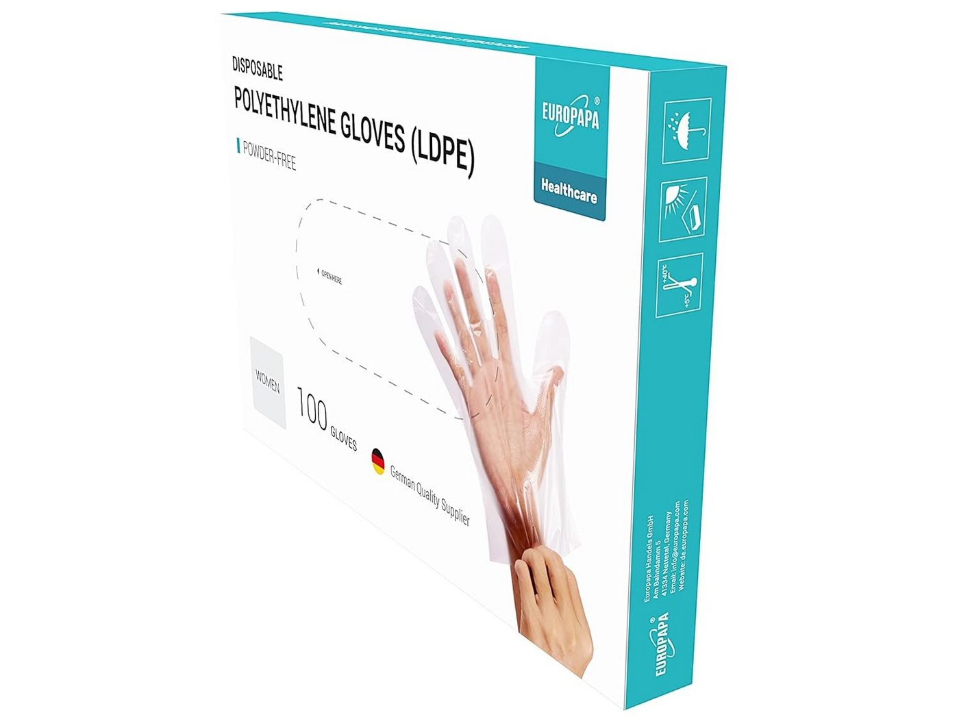 EUROPAPA Einweghandschuhe Vorteilspack LDPE Einweghandschuhe in Box (100-St., Einmalhandschuhe) latexfrei puderfrei Handschuhe in Damen Größe Herren Größe Bild 4