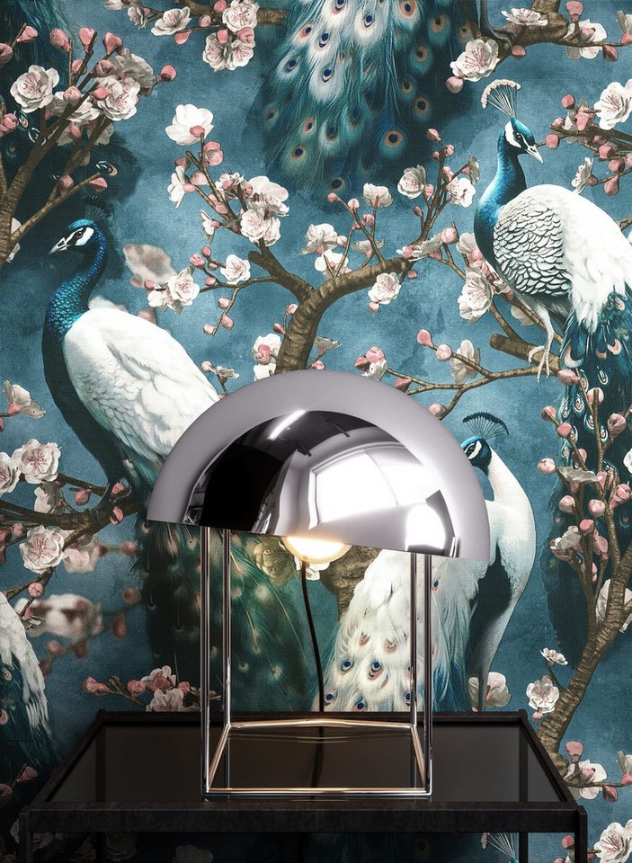 Newroom Vliestapete Nyamu Tapete Mustertapete Pfau,Blüten,Äste, Blau Tapete Modern Pfau - Mustertapete Tiermotiv Rose Weiß Tiere Floral Blüten Äste für Wohnzimmer Schlafzimmer Küche, Tiermotiv