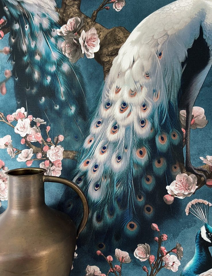 Newroom Vliestapete Nyamu Tapete Mustertapete Pfau,Blüten,Äste, Blau Tapete Modern Pfau - Mustertapete Tiermotiv Rose Weiß Tiere Floral Blüten Äste für Wohnzimmer Schlafzimmer Küche, Tiermotiv Bild 2