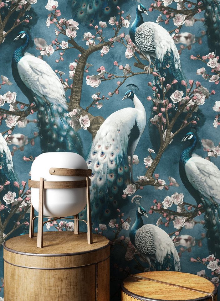 Newroom Vliestapete Nyamu Tapete Mustertapete Pfau,Blüten,Äste, Blau Tapete Modern Pfau - Mustertapete Tiermotiv Rose Weiß Tiere Floral Blüten Äste für Wohnzimmer Schlafzimmer Küche, Tiermotiv Bild 4
