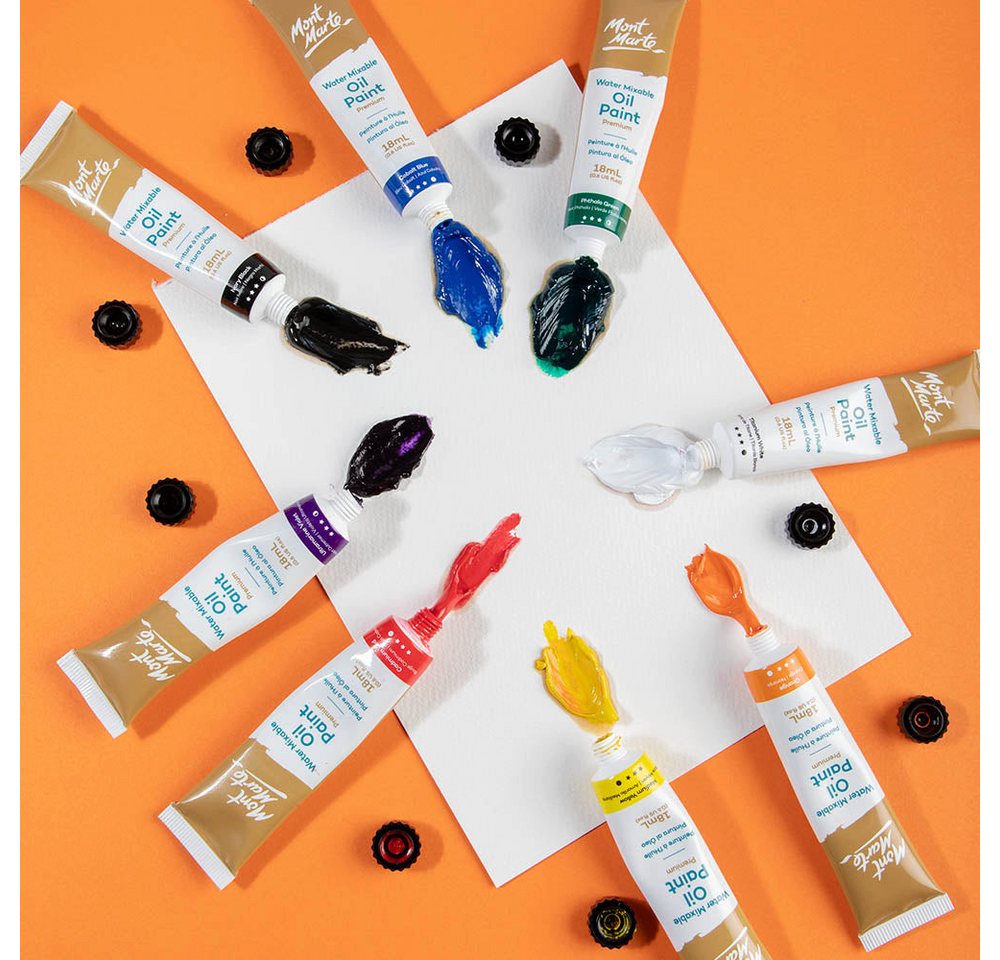 Mont Marte Ölfarbe Wasserlösliche Ölfarben Set – 8 / 36 x 18ml – Ideal für Ölmalerei, vielseitig kombinierbar, Brillante Lichtechte Farben, großer Deckkraft Bild 4
