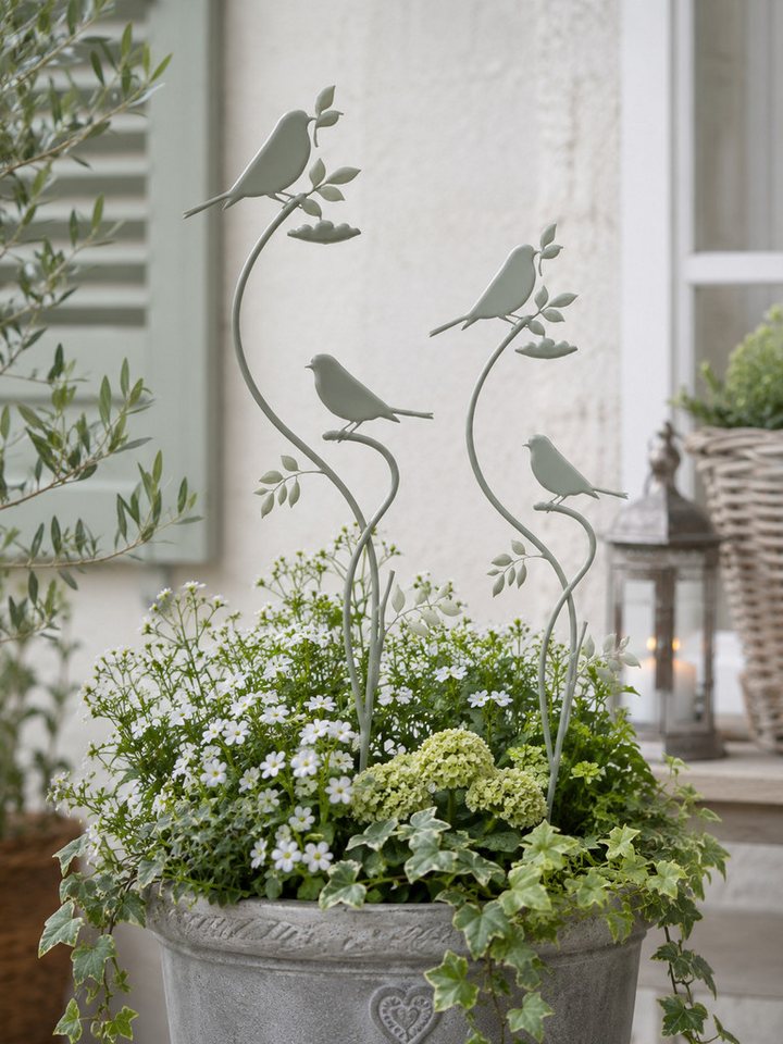 finehomegarden Gartenstecker Vogel/Blatt Stecker 2erSet Metall mint Gartendeko am Stab Dekorativer (2-St., 2er Set) Vogelstecker für Garten, Balkon und Blumentopf B18cm H80 cm
