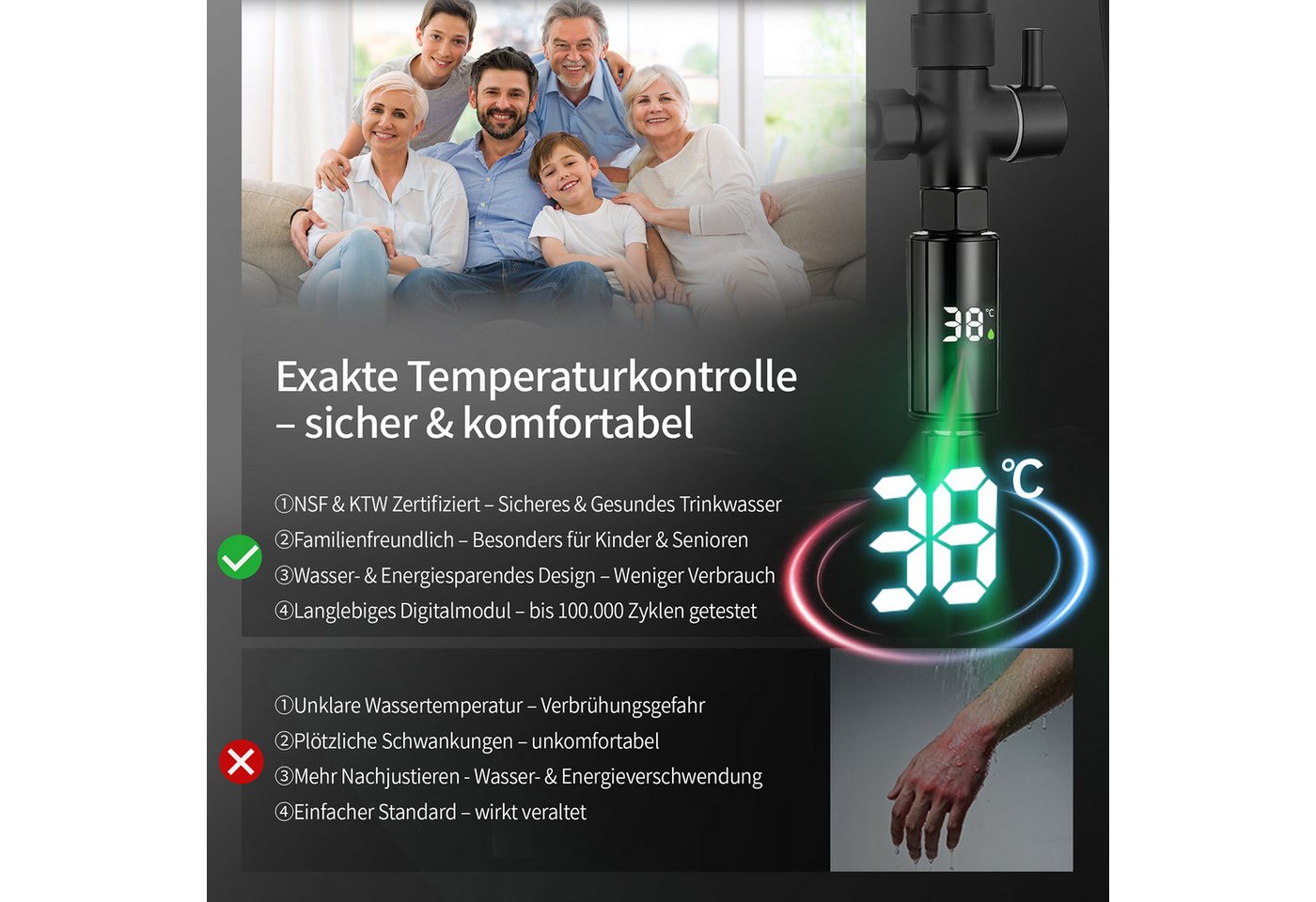 DESFAU Duschsystem Regendusche 10 Zoll LED Temperaturanzeige 2 Funktionen, 3 Strahlarten, höhenverstellbar, kein zweites Bohren,Schwarz