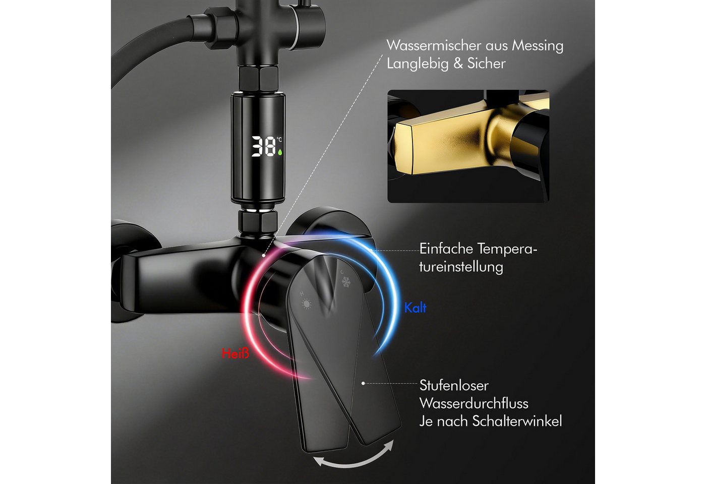 DESFAU Duschsystem Regendusche 10 Zoll LED Temperaturanzeige 2 Funktionen, 3 Strahlarten, höhenverstellbar, kein zweites Bohren,Schwarz Bild 2