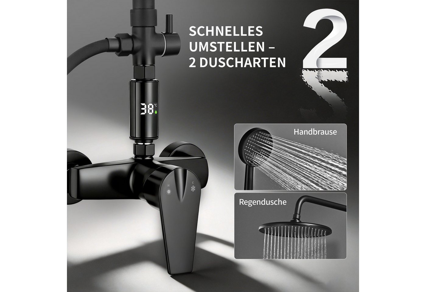 DESFAU Duschsystem Regendusche 10 Zoll LED Temperaturanzeige 2 Funktionen, 3 Strahlarten, höhenverstellbar, kein zweites Bohren,Schwarz Bild 3