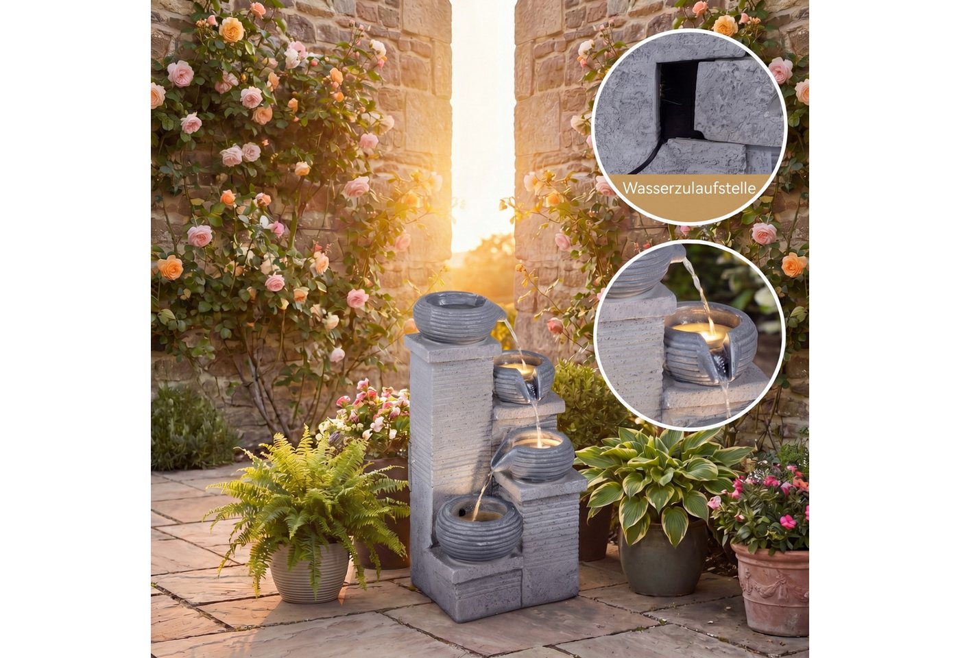 KOMFOTTEU Gartenbrunnen, 4-stufiger Gartenbrunnen mit LED & Wasserfall