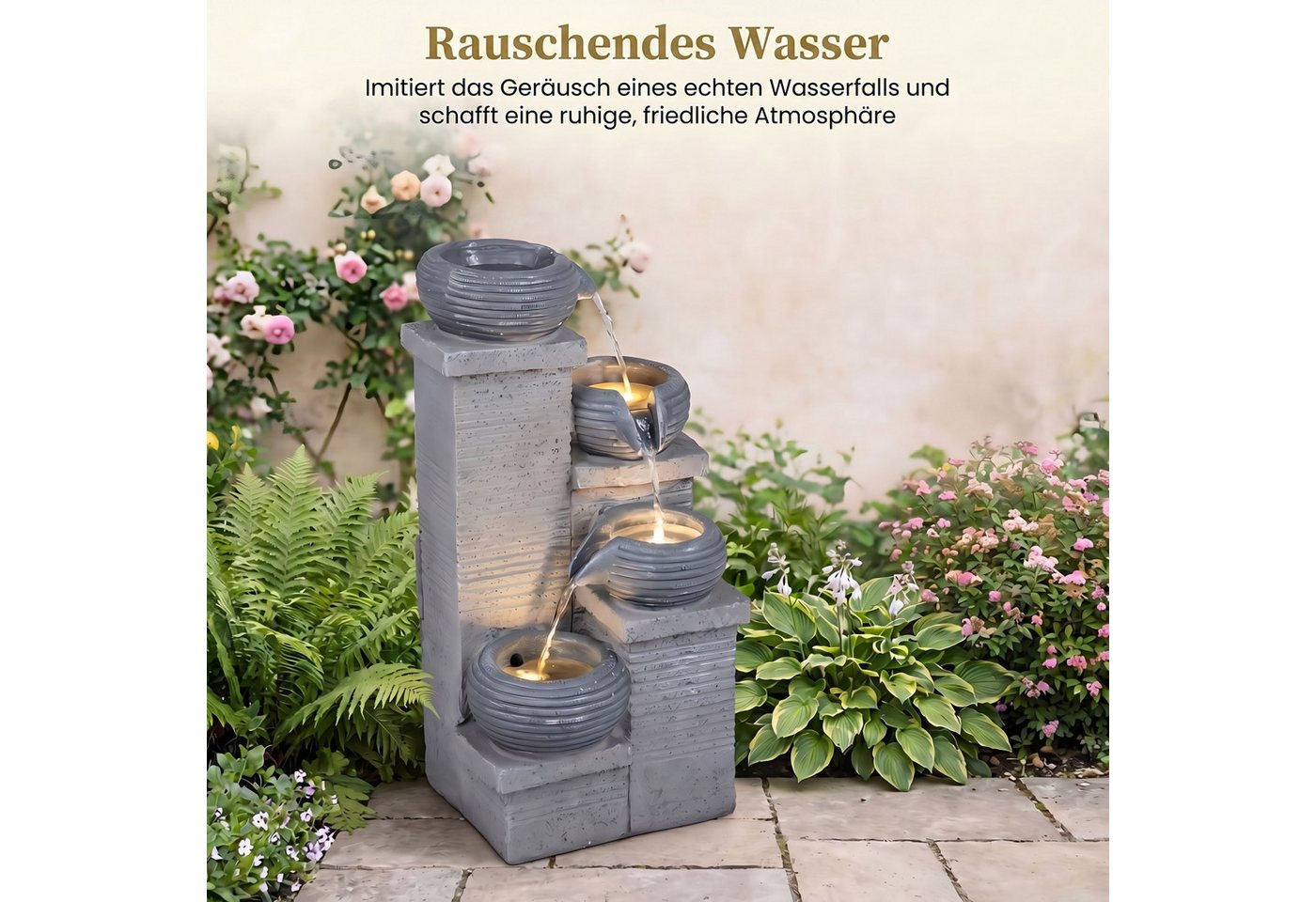 KOMFOTTEU Gartenbrunnen, 4-stufiger Gartenbrunnen mit LED & Wasserfall Bild 2