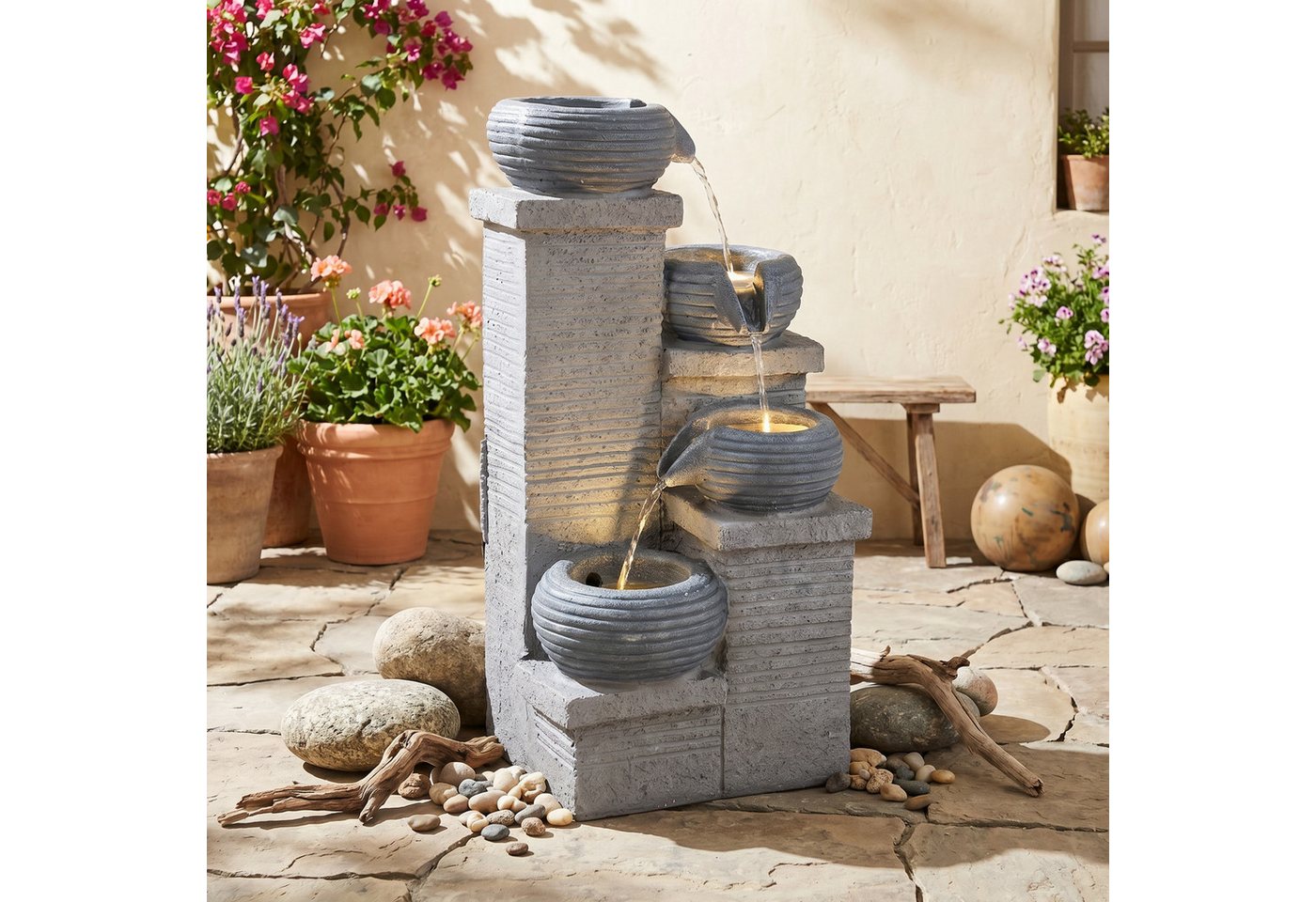 KOMFOTTEU Gartenbrunnen, 4-stufiger Gartenbrunnen mit LED & Wasserfall Bild 4