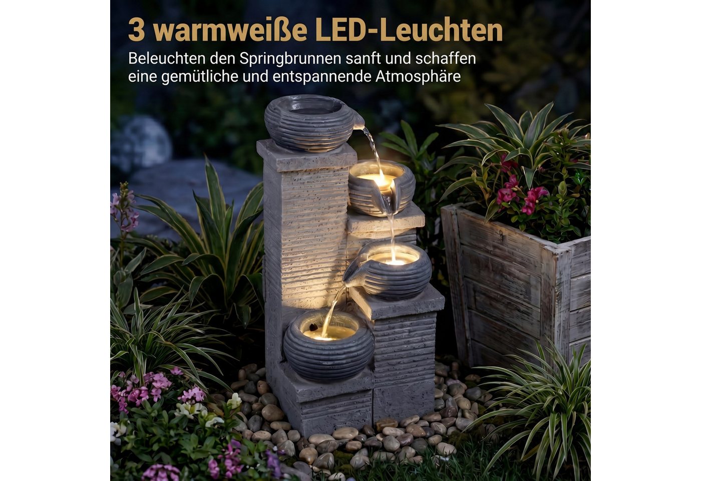 KOMFOTTEU Gartenbrunnen, 4-stufiger Gartenbrunnen mit LED & Wasserfall Bild 5