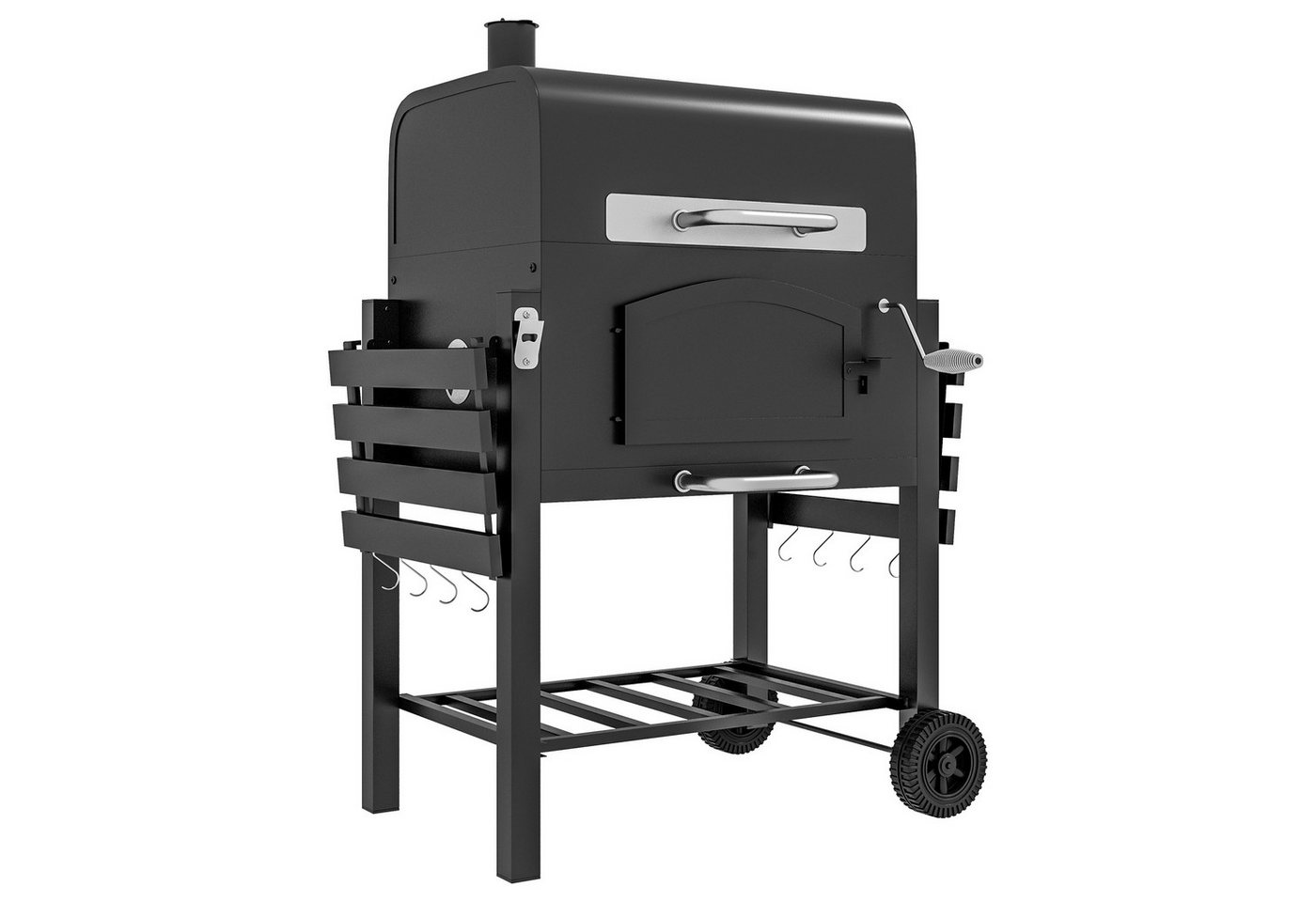 kowdom Holzkohlegrill 3-in-1 mit Smoker, Deckel, Warmhalterost & Seitenablagen, mobil, Standgrill, 3-in-1, Kurbel, Klappablagen, Asche, Rollen