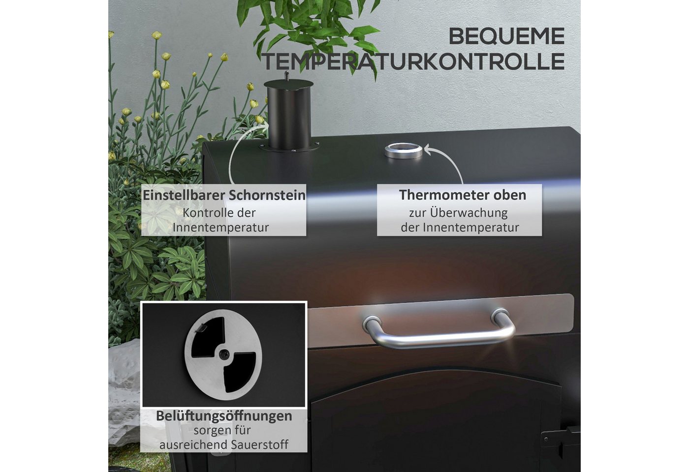 kowdom Holzkohlegrill 3-in-1 mit Smoker, Deckel, Warmhalterost & Seitenablagen, mobil, Standgrill, 3-in-1, Kurbel, Klappablagen, Asche, Rollen Bild 2