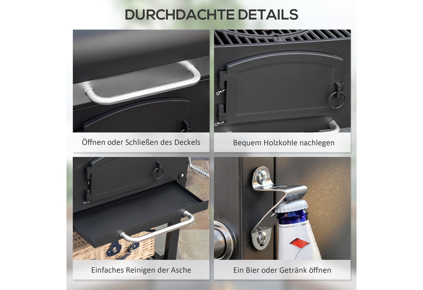 kowdom Holzkohlegrill 3-in-1 mit Smoker, Deckel, Warmhalterost & Seitenablagen, mobil, Standgrill, 3-in-1, Kurbel, Klappablagen, Asche, Rollen Bild 4