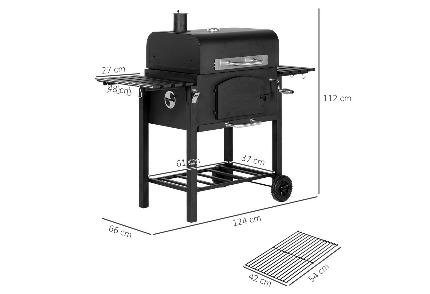 kowdom Holzkohlegrill 3-in-1 mit Smoker, Deckel, Warmhalterost & Seitenablagen, mobil, Standgrill, 3-in-1, Kurbel, Klappablagen, Asche, Rollen Bild 5