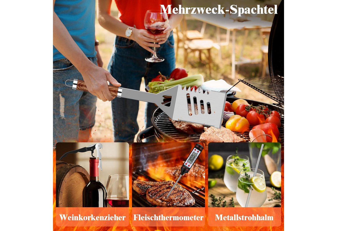 AFKSMILE Grillbesteck-Set 38 Stücke BBQ Grillbesteck Set Edelstahl Grillzubehör mit Grillkoffer, (38 tlg), Grillzange Grillspachtel und Grillmatte für Garten und Camping