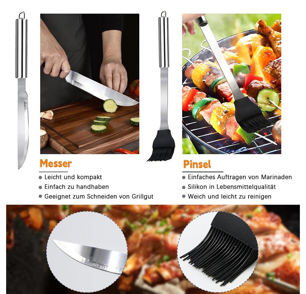 AFKSMILE Grillbesteck-Set 10 Stücke Edelstahl Grillbesteck-Set Grill Bestecksets in Tragetasche, (10 tlg), BBQ Grillwerkzeug Grillset Werkzeuge für Männer und Frauen Camping